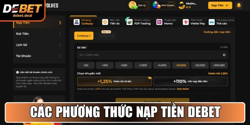 Các phương thức nạp tiền tài khoản Debet được hỗ trợ